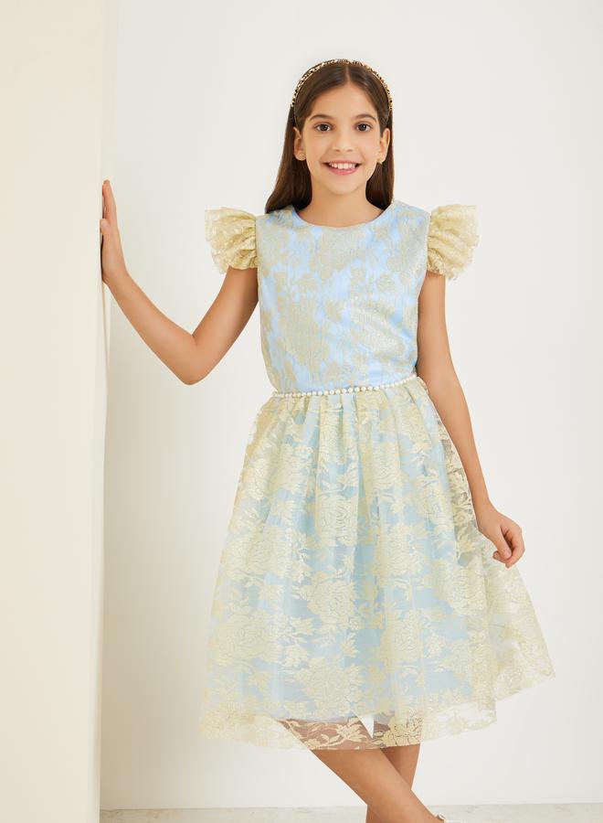 Styli Girls Light Blue Floral Mesh Detail A-Line Dress - Image 2